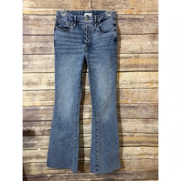 Good American Good Legs Flare Jeans Indigo330 Button Fly 6 28 x 32 70s Hippie - Picture 2 of 8